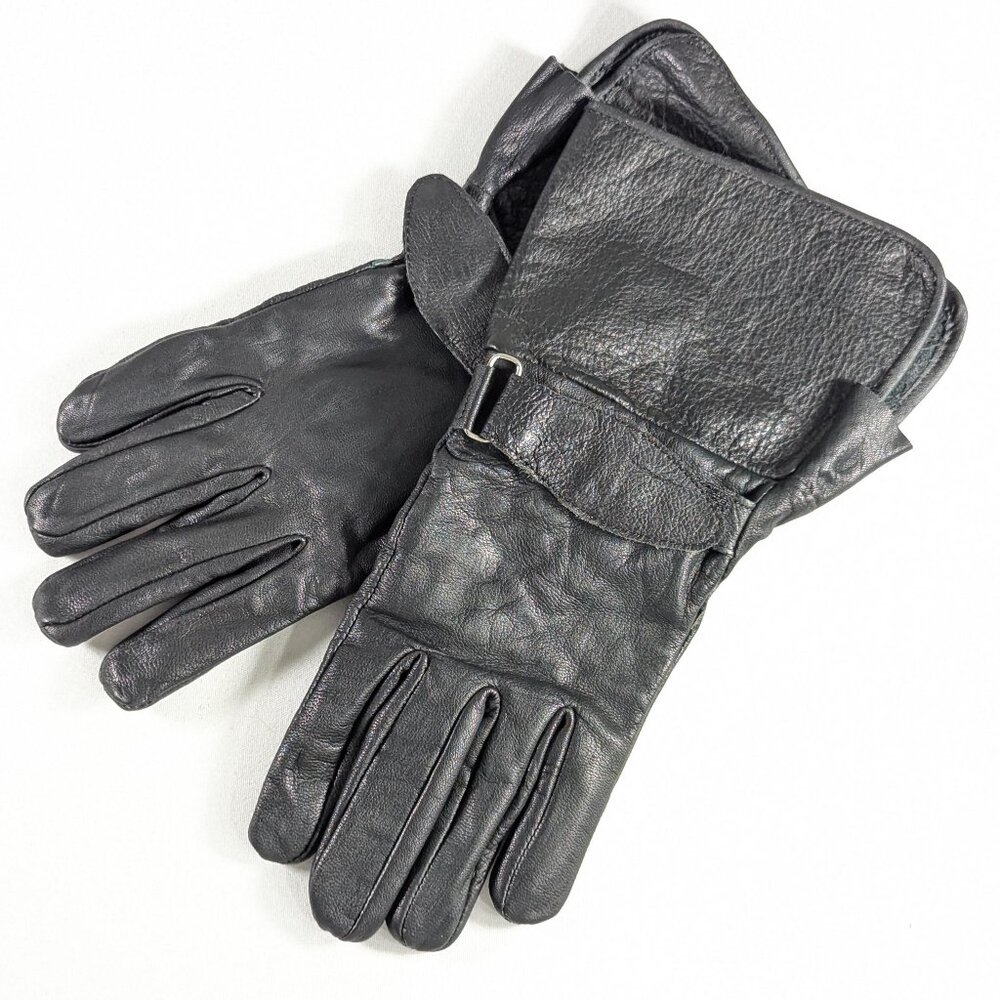 Black leather motorcycle gloves, Mens biking gauntlets size M, ladies size L
